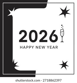 Un gráfico que celebra el año 2026 con el texto Feliz Año Nuevo, una copa de champán y esteladas.