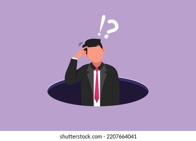 Graphic character flat design drawing confused businessman emerges from the hole. Depressed and business failure metaphor concept. Defeated employee in competition. Cartoon style vector illustration