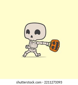 graphic character skeleton brings a pumpkin bucket