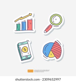 graphic chart and analysis concept with magnifier. mobile payment and transfer. data report and digital marketing concept doodle sticker icon set vector illustration