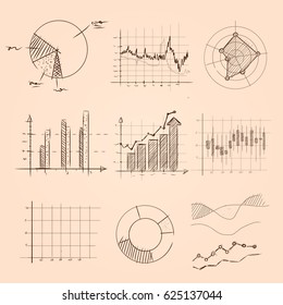 graphic and chart collection hand drawing sketch of pie, bar, and other kind of statistics information 