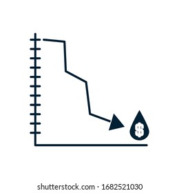 graphic chart with decrease financial arrow and oil drop with money symbol icon over white background, silhouette style, vector illustration