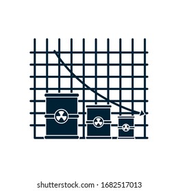 graphic chart with nuclear barrels and decrease financial arrow icon over white background, silhouette style, vector illustration