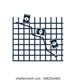 graphic chart with oil barrels and decrease arrow icon over white background, silhouette style, the oil crash concept design, vector illustration