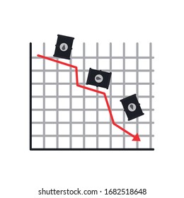 graphic chart with oil barrels and decrease arrow icon over white background, flat style, the oil crash concept design, vector illustration