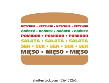 Graphic chart / representation - fast food - hamburger. 
In Polish language: lettuce, tomato, pickle, chesse, meat, ketchup
