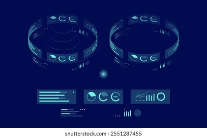 graphic chart set, business analytics concept, big data processing icon, virtual reality interface, server room admin administrator, isometric illustration vector neon dark, Hologram