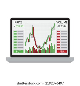Graphic and chart to trade exchange on laptop, platform to trading. Vector illustration. Trade chart, dashboard analytics, bitcoin communication, business industrial station, smart phone app bitcoin