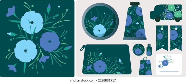 Graphic charter for cosmetic products, natural products from plants, visual identity for florists, events, spring, flowers, accessories, cards, posters, beauty products, vans