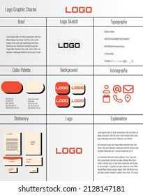 Graphic charter vector.document of visual elements company identity contain.brief, logo sketch, golden ratio, typography, color palette, background, iconography, stationery designs, logo, explanation