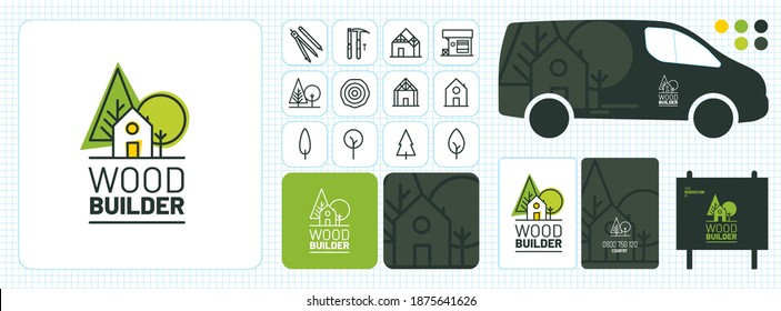 Carta gráfica, identidad visual, logotipo, publicidad, tarjeta de visita, edificio de la casa de la madera, carpintero, carpintero, dúplex, extensión, diseño de madera exterior