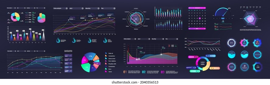 Graphic and charts for Business presentation. Histogram graph template with infographic, pie charts, diagrams, statistic and analysis for finance presentation or report. Modern graphic set. Vector