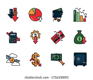 graphic charts and financial broke icon set over white background, line and fill style, vector illustration