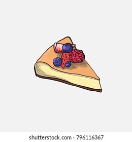 graphic cheesecake with berries. vector hand drawn illustration