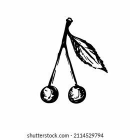 Graphic cherry painted in ink on a white background.Vector illustration