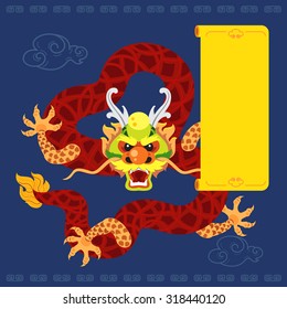 Graphic of chinese dragon, clouds and frame text on navy blue background.