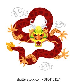 Graphic of chinese dragon and clouds on white background.