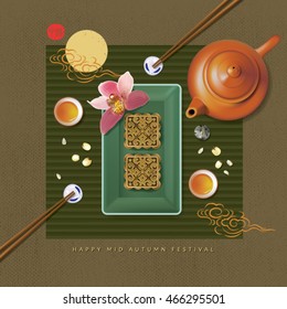 Graphic Chinese moon cake and tea. Food for Chinese mid-autumn festival.
Chinese Seal "Zhong Qiu" - mid-autumn.