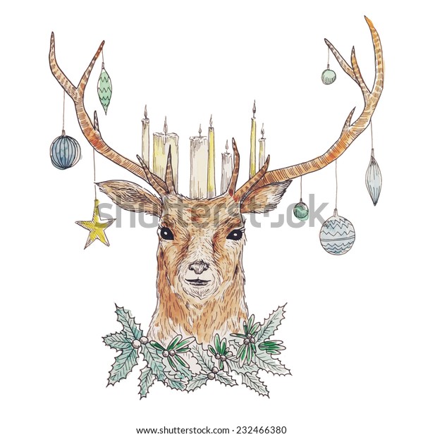 Graphic Christmas Deer Portrait Candles Mistletoe Stock