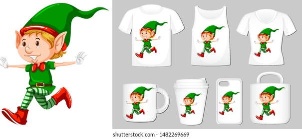 Graphic of christmas elf on different product templates illustration