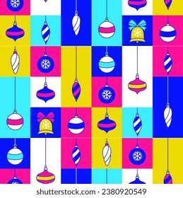 Graphic Christmas pattern. Holidays 2024 postcard. Tree decoration, bauble, holiday trinket, festive decoration, Xmas decor. Retro concept design. Graphic mosaic tile pattern. Vector Illustration.