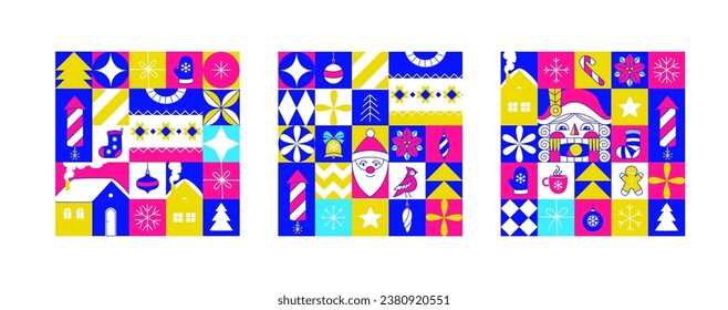 Graphic Christmas pattern. Holidays 2024 postcard. Snowflakes, decorations and Xmas trees elements. Retro concept design. Graphic mosaic tile pattern. Vector Illustration. Square Line icons