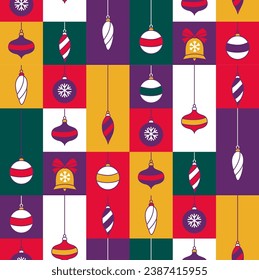 Graphic Christmas pattern. Holidays 2024 postcard. Tree decoration, bauble, holiday trinket, festive decoration, Xmas decor. Retro concept design. Graphic mosaic tile pattern. Vector Illustration.