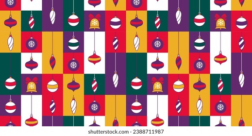 Graphic Christmas pattern. Holidays 2024 postcard. Tree decoration, bauble, holiday trinket, festive decoration, Xmas decor. Retro concept design. Graphic mosaic tile pattern. Vector Illustration.