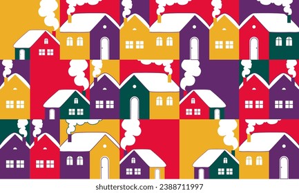 Patrón gráfico de Navidad. Postal de vacaciones 2024. Acogedor pueblo de invierno. Diseño de concepto retro. Patrón de mosaico gráfico. Ilustración vectorial. Icono de línea cuadrada
