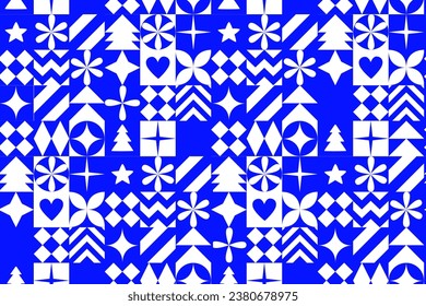 Graphic Christmas seamless pattern. Holidays 2024 postcard. Snowflakes, decorations and Xmas trees elements. Retro concept design. Graphic mosaic tile pattern. Vector Illustration. Square Line icons