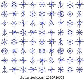 Graphic Christmas seamless pattern. Holidays 2024 postcard. Snowflakes, decorations and Xmas trees elements. Retro concept design. Graphic mosaic tile pattern. Vector Illustration. Square Line icons