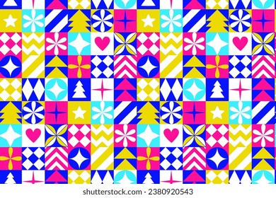 Grafisches, nahtloses Weihnachtsmuster. Feiertage 2024 Postkarte. Schneeflocken, Dekorationen und Weihnachtsbaumelemente. Design des Retro-Konzepts. Grafisches Mosaikfliesen-Muster. Vektorgrafik. Quadrat-Linien-Symbole