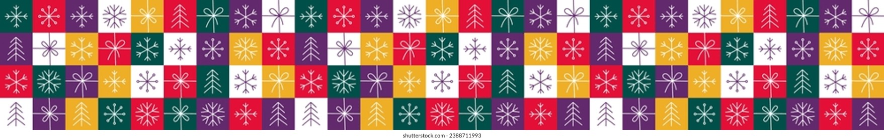 Graphic Christmas seamless pattern. Holidays 2024 postcard. Snowflakes, decorations and Xmas trees elements. Retro concept design. Graphic mosaic tile pattern. Vector Illustration. Square Line icons