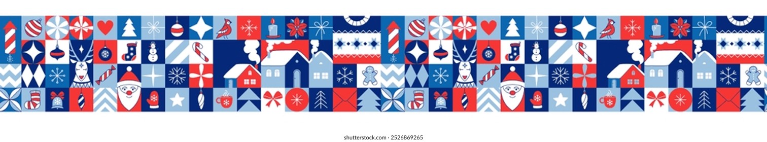 Graphic Christmas seamless pattern. Holidays 2025 postcard. Snowflakes, decorations and Xmas trees elements. Retro concept design. Graphic mosaic tile pattern. Vector Illustration. Square Line icons