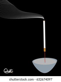 graphic of cigarette as incense with smoke in pot, symbol of death, "quit smoking" concept, (Buddhism traditional funeral, there's always a pot of incense that people light up for respecting the death)
