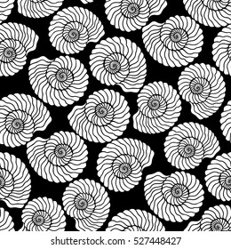 Graphic circle seashell isolated on white background. Vector seamless pattern