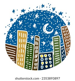 Graphic circle with skyscrapers at night. Vector illustration