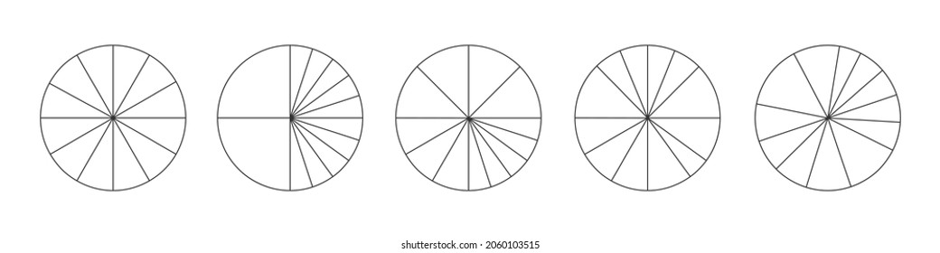 Los círculos gráficos se dividen en 12 segmentos aislados sobre fondo blanco. Las formas redondeadas de pie o pizza se cortan en doce rodajas diferentes. Ejemplos estadísticos infográficos simples. Ilustración del contorno del vector