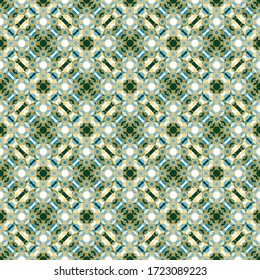Los círculos gráficos son un patrón sin fisuras. Ilustración vectorial geométrica. Las formas circulares abundan en color verde oscuro, azul y beige sobre fondo blanco. Diseño retro para interiores y fondos. 