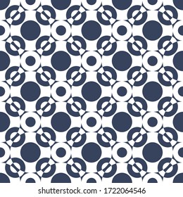 Graphic circles seamless pattern. Vector illustration in contrasting colors. Navy blue and white. 