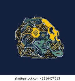 Grafik des elektronischen Schädels des Schaltkreises in Retro-Farben, Cyberpunk-Stil