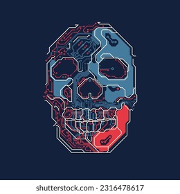 gráfico del cráneo electrónico del circuito presente en colores de coincidencia retro estilo ciberpunk