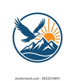 Graphic Circular Logo Featuring A Soaring Bird Over Snowy Mountains With A Radiant Rising Sun