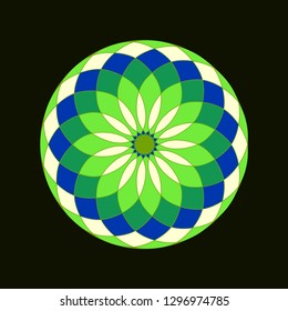 graphic circular rosette in blue green black shades