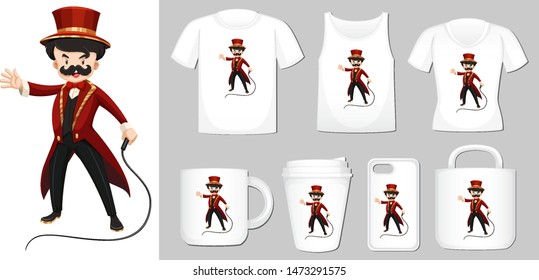 Graphic of circus master on different types of product template illustration