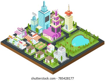 Graphic city building, real estate, house and cityscape architecture with clean wind energy environment and nature in 3D isometric design in isolated background, create by vector
