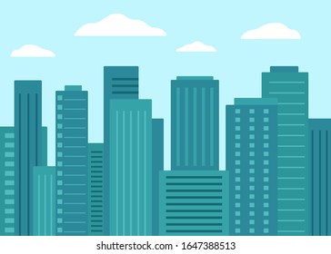 Graphic cityscape. Office and residential buildings of big city. Row of skyscrapers of different heights. Vector flat illustration