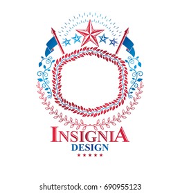 Graphic classy emblem created with blank copy space and different elements like star and flags. Heraldic Coat of Arms decorative logo isolated vector illustration.