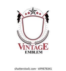 Graphic classy emblem created with blank copy space and different elements like star and flags. Heraldic Coat of Arms decorative logo isolated vector illustration.