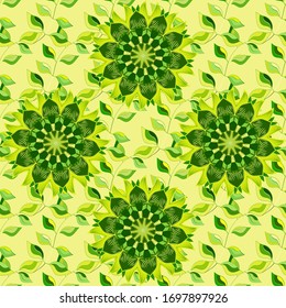 Graphic clean design for fabric, event, wallpaper etc. Seamless. Pattern is on swatches panel. Linear vector pattern, repeating abstract leaves, neutral, green, yellow line of leaf or flower, floral.